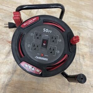 Husky 50 ft. 14/3 13AMP Retractable Extension Cord Reel 4 Grounded Outlets Black