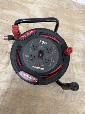 Husky 50 ft. 14/3 13AMP Retractable Extension Cord Reel 4 Grounded Outlets Black