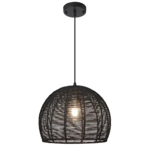 1-Light Black Rattan Dome Rustic Pendant Light Fixture w/Black Shade for Kitchen