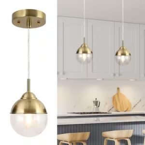Zevni 6 in. 1-Light Brass Plated Mini Pendant Light, Globe clear glass pendant