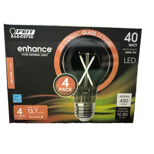 Feit Enhance A19 E26 (Medium) Filament LED Bulb Soft White 40 Watt  (4-Pack)