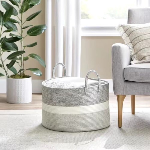 Round Cotton Rope Gray Striped Storage Basket