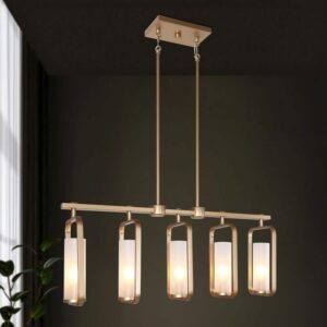 Uolfin Mid-Century 5-Light Brass Gold Linear Kitchen Island Chandelier w/ Glass