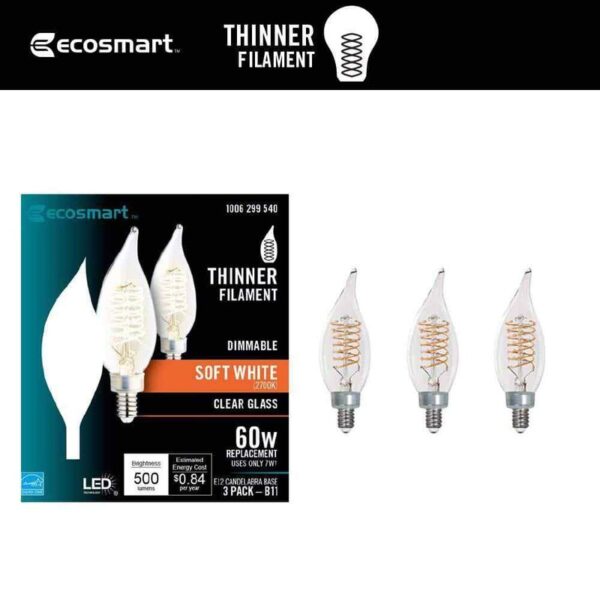 EcoSmart 60-Watt Equivalent BA11 Dimmable E12 Light Bulb Soft White (3-Pack)