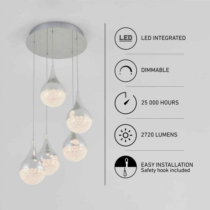 Artika Glitzer 30Watt 5 Light Chrome Modern Integrated LED Pendant Light Fixture - Image 3