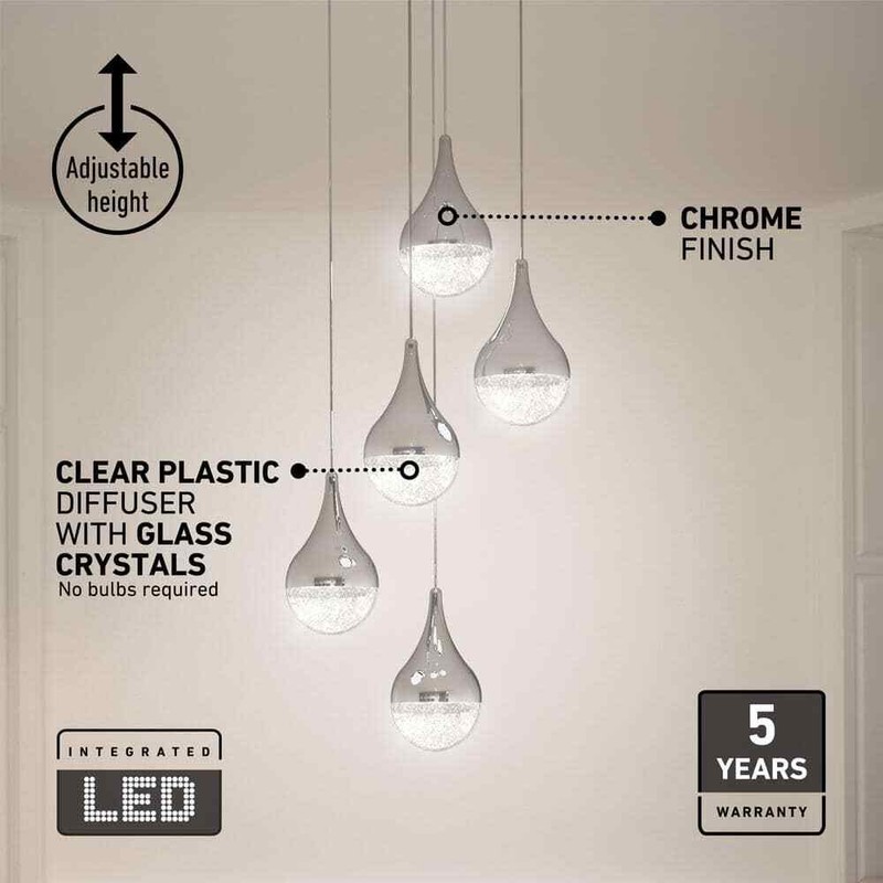 Artika Glitzer 30Watt 5 Light Chrome Modern Integrated LED Pendant Light Fixture - Image 4