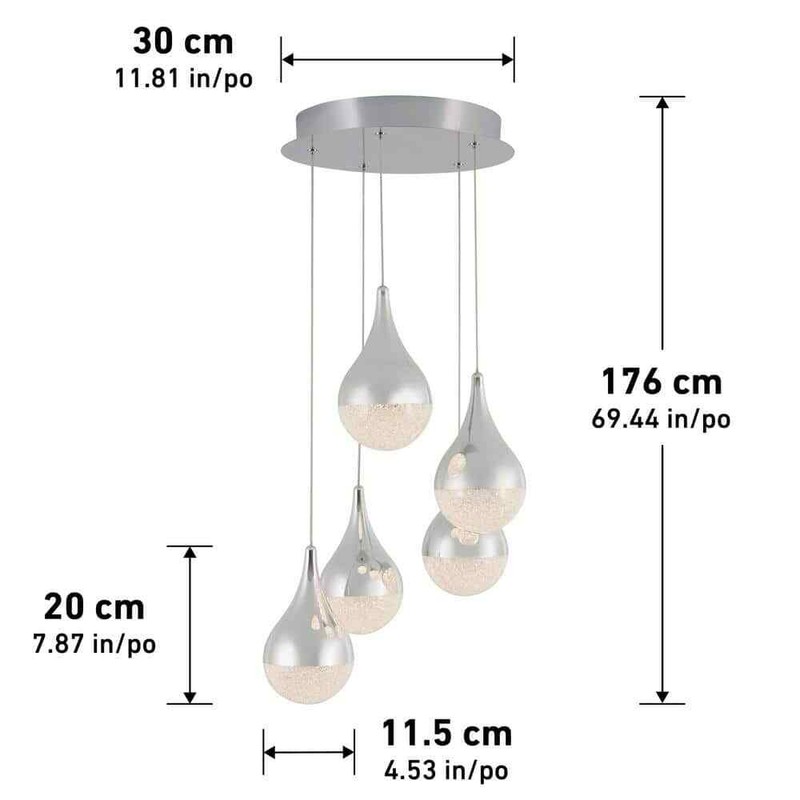 Artika Glitzer 30Watt 5 Light Chrome Modern Integrated LED Pendant Light Fixture - Image 5