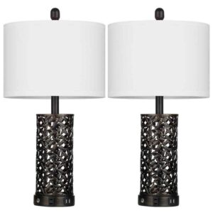 Cinkeda Doroteja 24.5 in. H Black Metal Table Lamp Dual USB and Outlet (2-Pack)