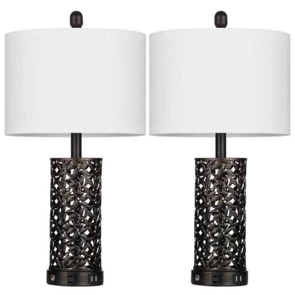 Cinkeda Doroteja 24.5 in. H Black Metal Table Lamp Dual USB and Outlet (2-Pack)