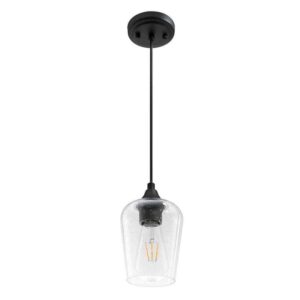 Merra 1-Light Matt Black Pendant with Seeded Glass Shade