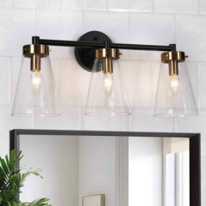 LNC Modern 21 in. 3-Light Black and Brass Bath Vanity Light w/Bell Clear Glass
