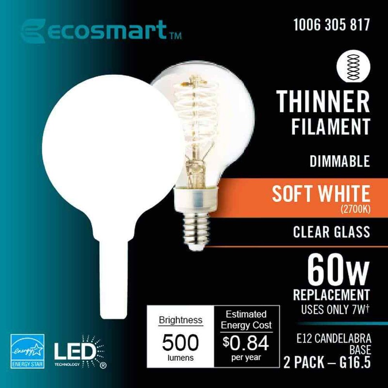EcoSmart 60-Watt Equivalent G16.5 Dimmable Fine Bendy Filament LED Vintage Ediso - Image 8