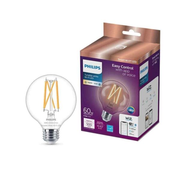 Philips 60-Watt Equivalent G25 Smart Wi-Fi bulb (K) WiZ with Bluetooth (2-Pack)
