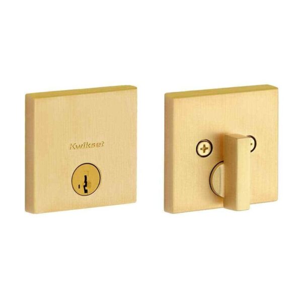 Kwikset Downtown Low Profile Satin Brass Single Cylinder Square Contemporary
