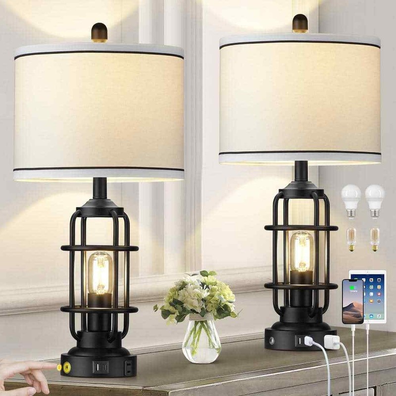 Cinkeda Teasia 26 in. Black Metal Table Lamp Set with USB, Type-C Charging Ports - Image 2