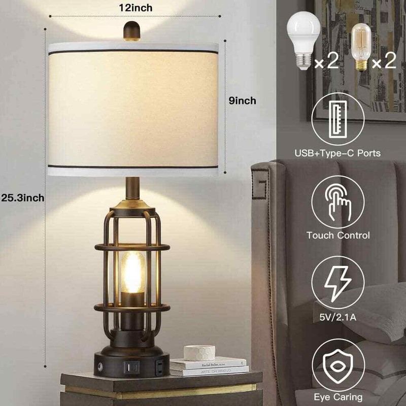 Cinkeda Teasia 26 in. Black Metal Table Lamp Set with USB, Type-C Charging Ports - Image 5