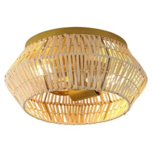 OUKANING 11.81 in. 2-Light Gold Farmhouse Woven Rattan Flush Mount Ceiling Light
