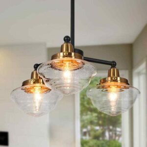 Zevni 16 in. 3-Light Brass-Plated Round Chandelier, Seeded Glass Black Pendant