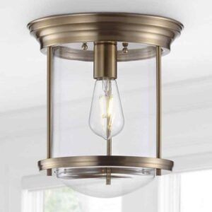 JONATHAN Y Savannah 10.25 in. Aged Brass Metal/Glass LED Flush Mount