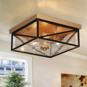 Zevni 3-Light Dark Gold Flush Mount Light with Square Seeded Glass Panels, 12 in