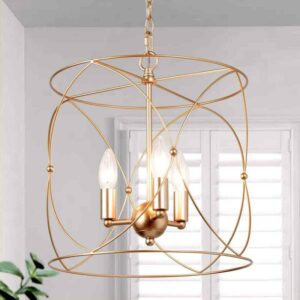 Uolfin Transitional Dining Room Drum Chandelier 3-Light Brass Gold Mid-Century