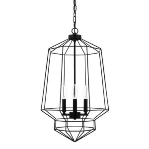 Hampton Bay Winfield 3-Light Black Caged Chandelier Light Fixture with Geometric