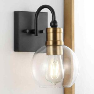JONATHAN Y Marais 5.88 in. 1-Light Black/Brass Gold Iron/Glass LED Vanity Light