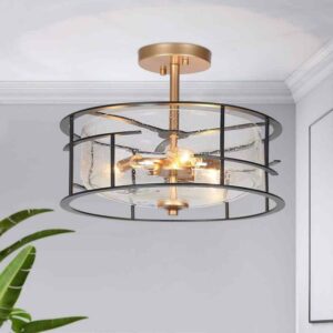 Zevni Modern Farmhouse 3-Light Black Open Cage Semi-Flush Mount Light, 14 in.