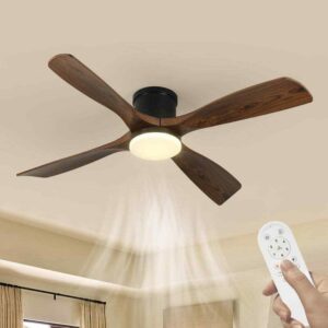 TOZING 54 in. Smart Indoor Black+Wood Low Profile Flush Mount Ceiling Fan Light