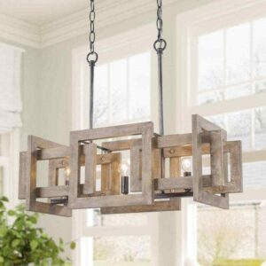 Uolfin Farmhouse Kitchen Island Linear Chandelier 3-Light Wood Brown Rectangle
