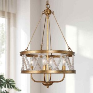 Uolfin Farmhouse Retro Gold Bedroom Chandelier,4-Light Modern Drum Pendant Light