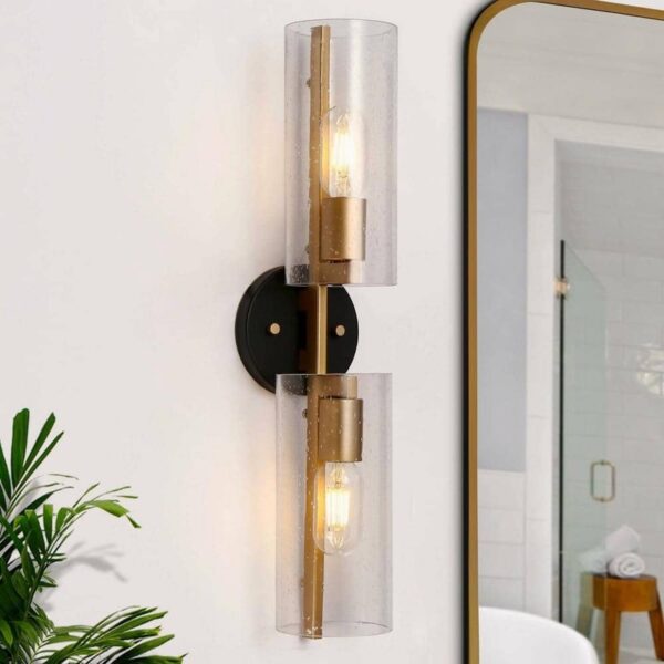 Uolfin 2 Light Black Brass Cylinder Bathroom Vanity Light w Seeded Glass Shades