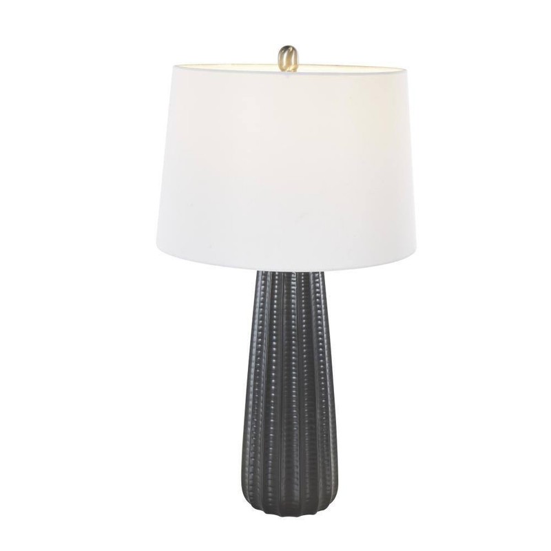 Litton Lane 27" Black Ceramic Table Lamp Ribbed Base with White Drum Shade - Image 3