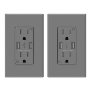 ELEGRP 4A USB Dual Type A Wall Charger w/ 15A Outlet & Plate Grey (2-Pack)