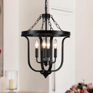 LWYTJO 4-Light Black Rustic Cage Chandelier with Candle Accents for Dining Room