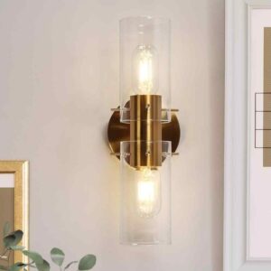 LNC Modern 2-Light Brass Wall Sconce with Cylinder Clear Glass Shades 13.4 in.