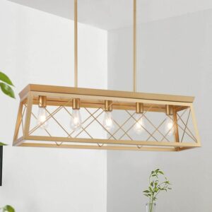 ZJVAIVE 5 Light Gold Rectangle Linear Chandelier Industrial Island Lighting