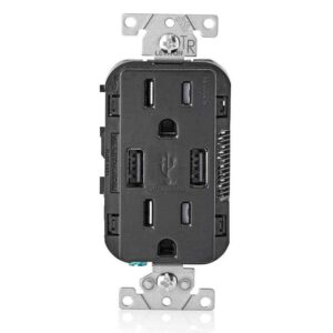Leviton 3.6A USB Dual Type A Charger 15A Tamper-Resistant Outlets Black T5632-BE