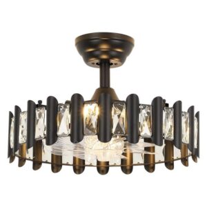 JUSHENG 17.7 in Black Crystal Ceiling Fan Light Modern Fandelier w/Remote