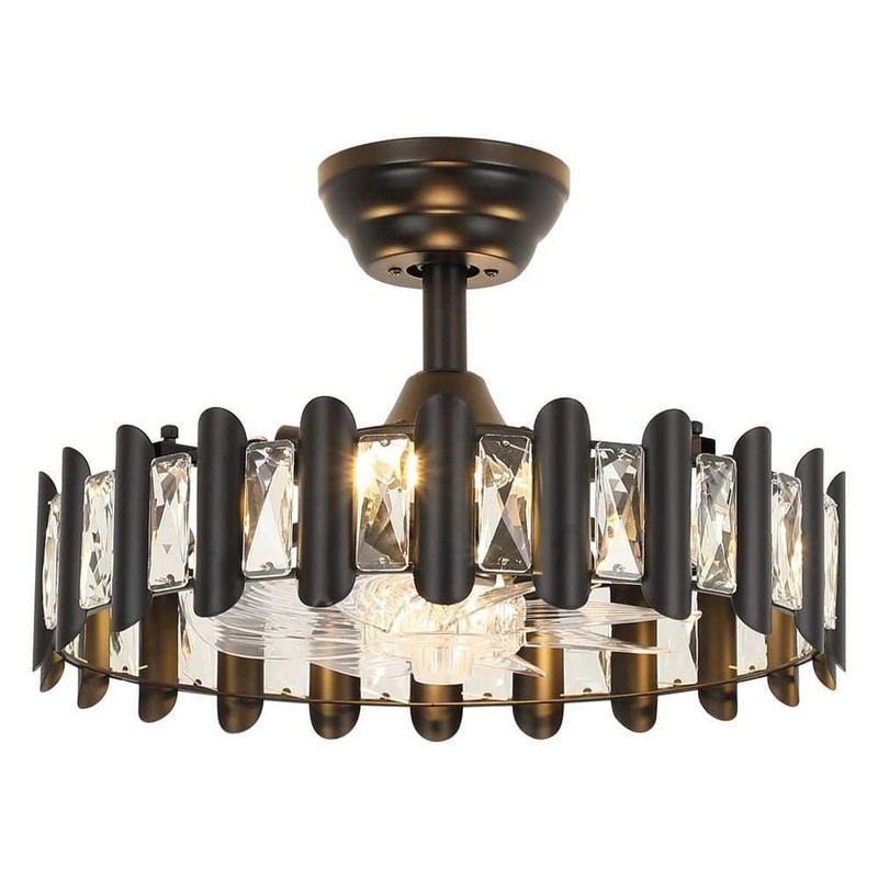 JUSHENG 17.7 in Black Crystal Ceiling Fan Light Modern Fandelier w/Remote
