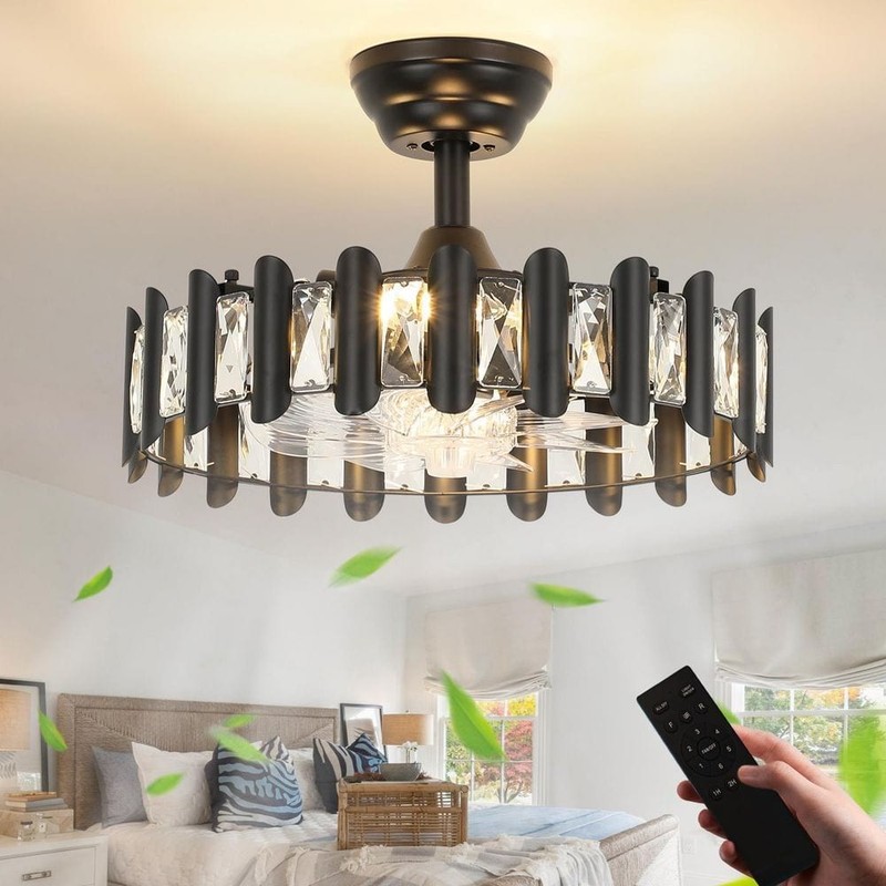 JUSHENG 17.7 in Black Crystal Ceiling Fan Light Modern Fandelier w/Remote - Image 3