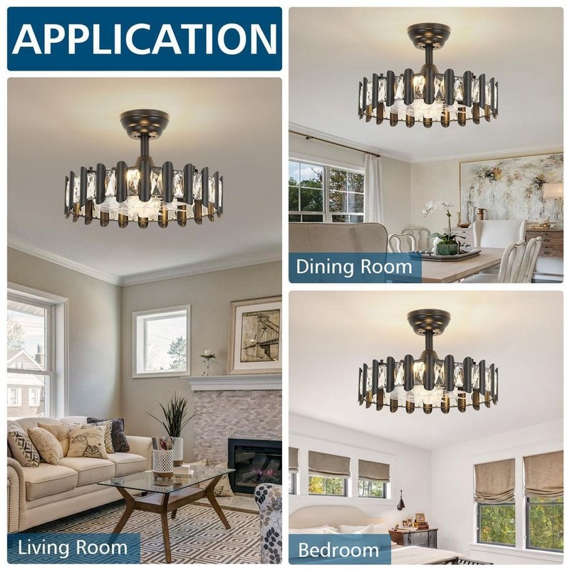 JUSHENG 17.7 in Black Crystal Ceiling Fan Light Modern Fandelier w/Remote - Image 4