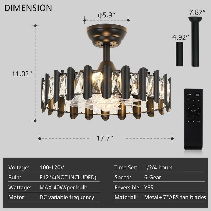 JUSHENG 17.7 in Black Crystal Ceiling Fan Light Modern Fandelier w/Remote - Image 5