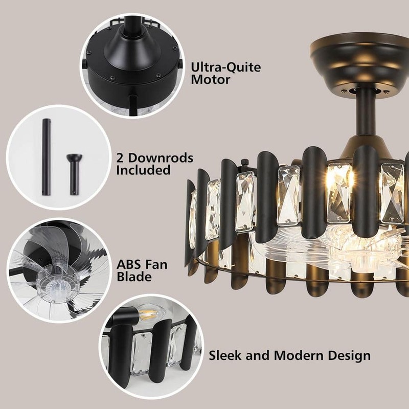 JUSHENG 17.7 in Black Crystal Ceiling Fan Light Modern Fandelier w/Remote - Image 6