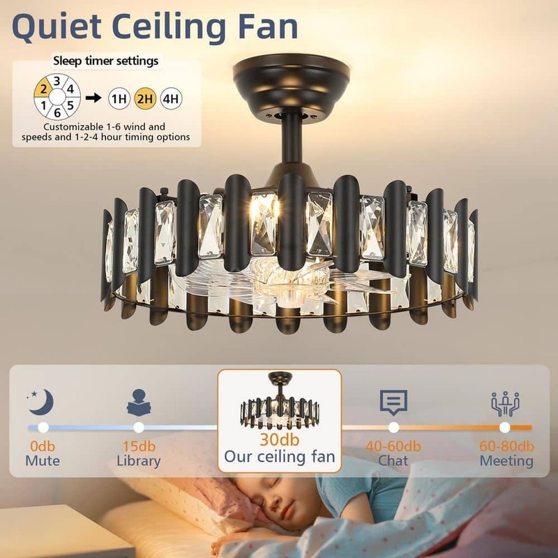 JUSHENG 17.7 in Black Crystal Ceiling Fan Light Modern Fandelier w/Remote - Image 7