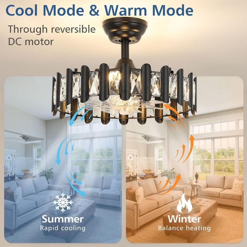 JUSHENG 17.7 in Black Crystal Ceiling Fan Light Modern Fandelier w/Remote - Image 8