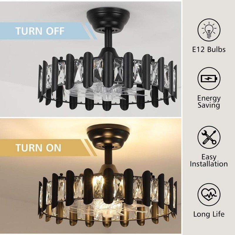 JUSHENG 17.7 in Black Crystal Ceiling Fan Light Modern Fandelier w/Remote - Image 9