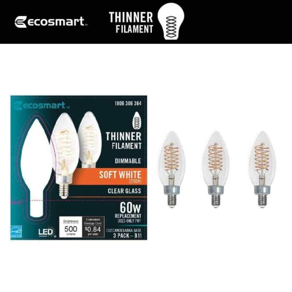 EcoSmart 60-Watt Equivalent B11 Dimmable E12 Candelabra Fine Bendy (3-Pack)