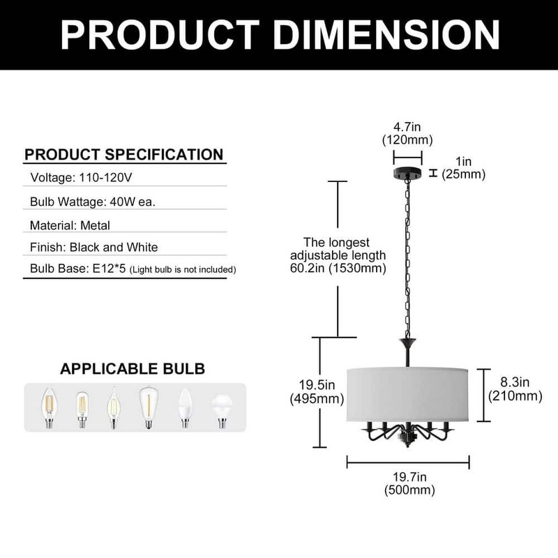 YANSUN 20 in. 5-Light Black Empire Chandelier w/Fabric Shades for Home Lighting - Image 8