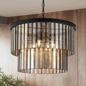 LNC Hemera 4-Light Black Modern Drum Chandelier with 2-Tier Mercury Glass Shade